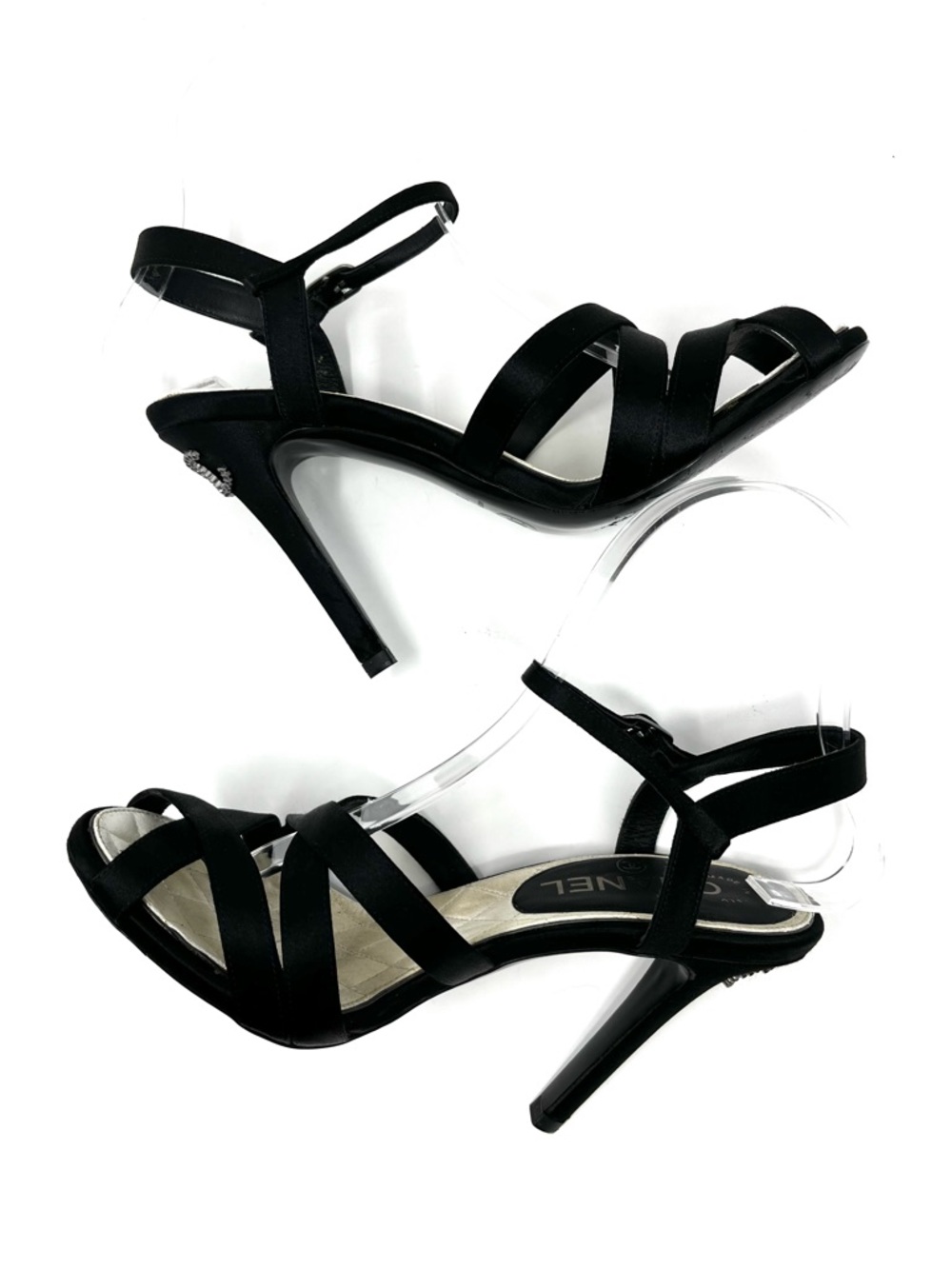 Chanel Strappy Black Satin Silver Crystal CC Logo High Heels Sandals Shoes 37 7 - Picture 6 of 11